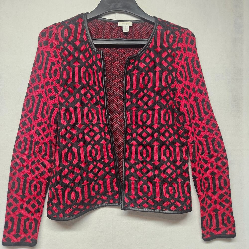 Chico's Red & Black Geometric Cardigan Sweater Women's Size M or Chico's 1